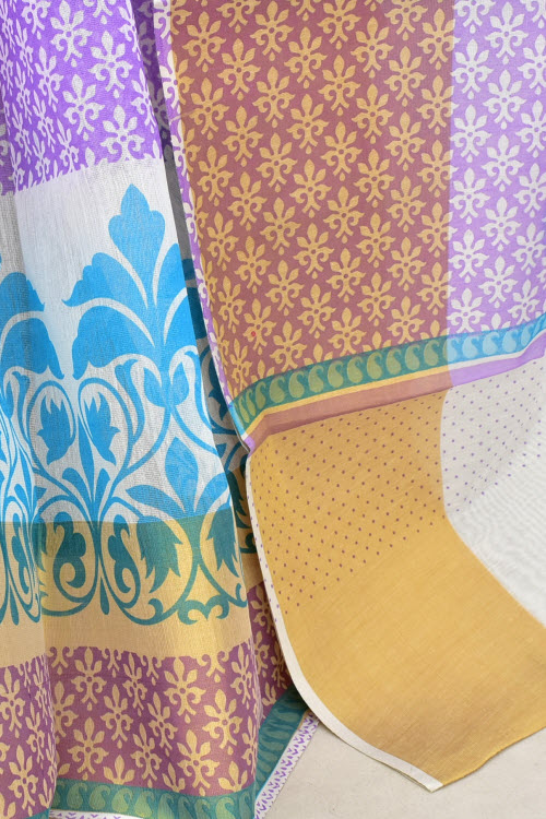 Lavender-Pherozi Printed Cotton Taspa Saree with Blouse