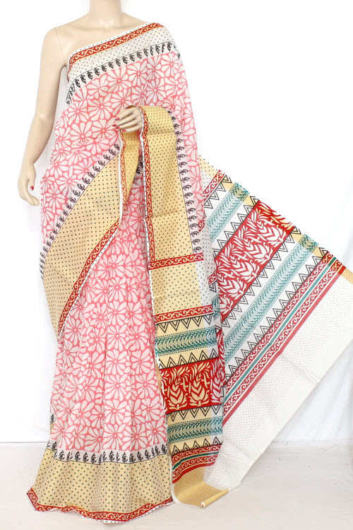 Pink Printed Cotton Taspa Saree with Blouse