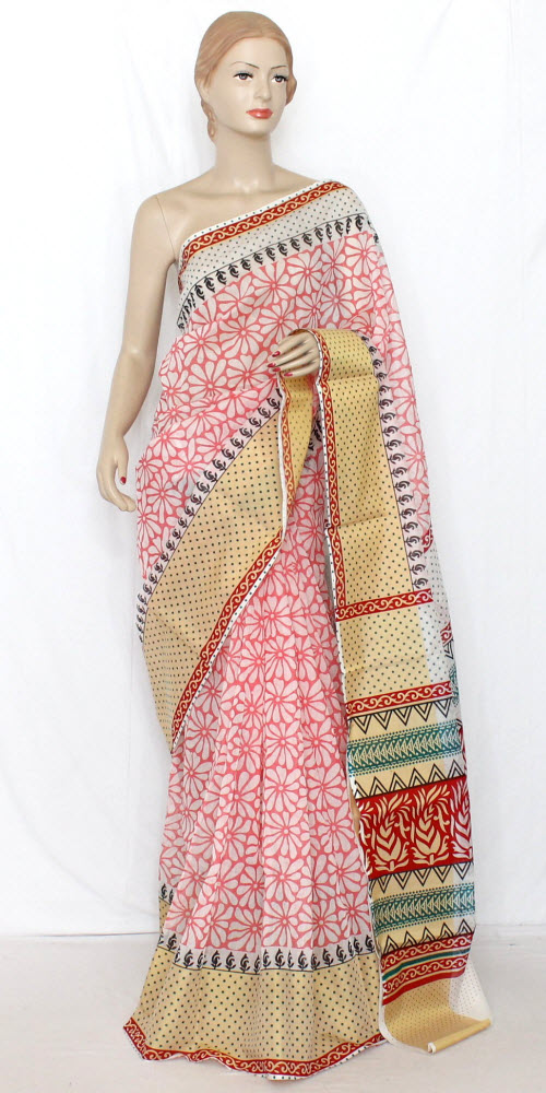 Pink Printed Cotton Taspa Saree with Blouse