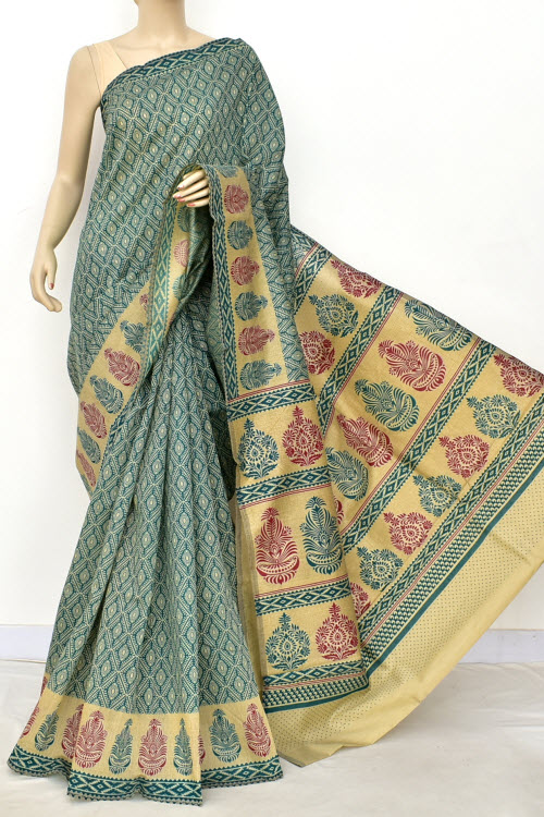Sea Green Printed Cotton Taspa Saree with Blouse