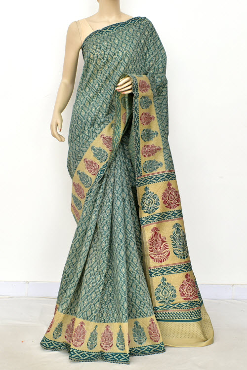 Sea Green Printed Cotton Taspa Saree with Blouse