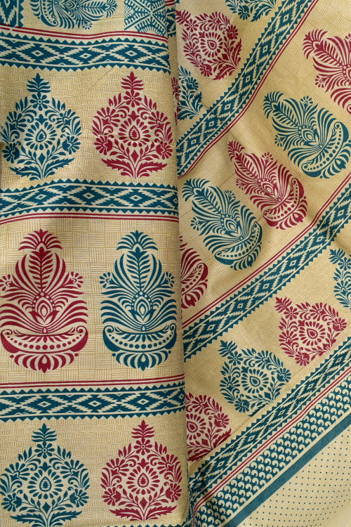 Sea Green Printed Cotton Taspa Saree with Blouse