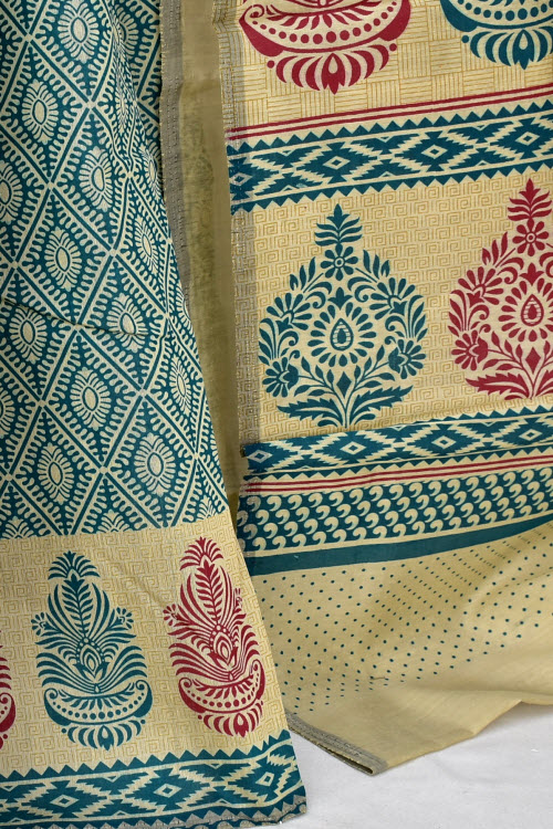 Sea Green Printed Cotton Taspa Saree with Blouse
