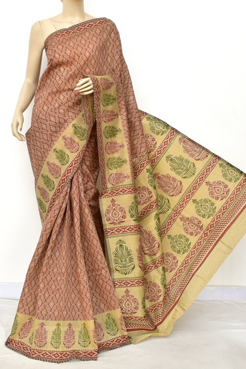 Brick Printed Cotton Taspa Saree with Blouse