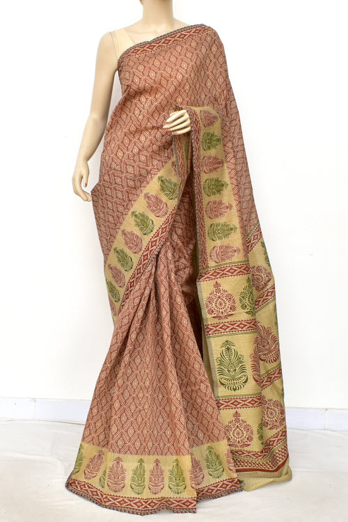 Brick Printed Cotton Taspa Saree with Blouse