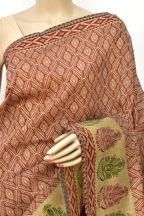 Brick Printed Cotton Taspa Saree with Blouse