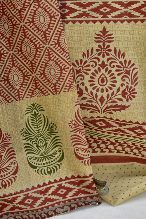 Brick Printed Cotton Taspa Saree with Blouse