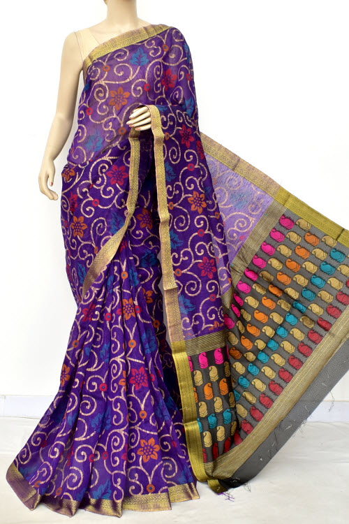 Ink Blue Printed Cotton Taspa Saree with Blouse