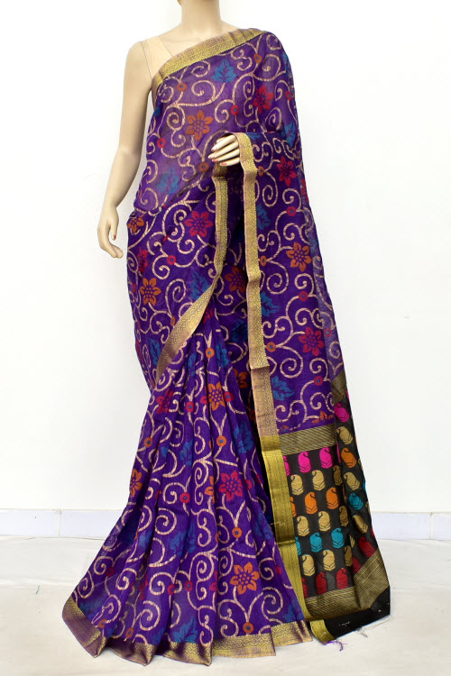 Ink Blue Printed Cotton Taspa Saree with Blouse