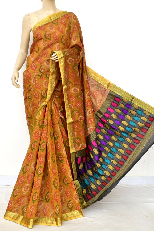 Golden Printed Cotton Taspa Saree with Blouse