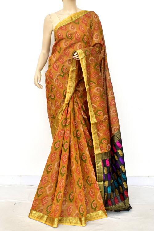 Golden Printed Cotton Taspa Saree with Blouse
