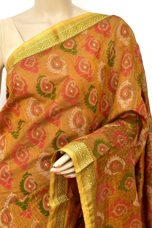 Golden Printed Cotton Taspa Saree with Blouse