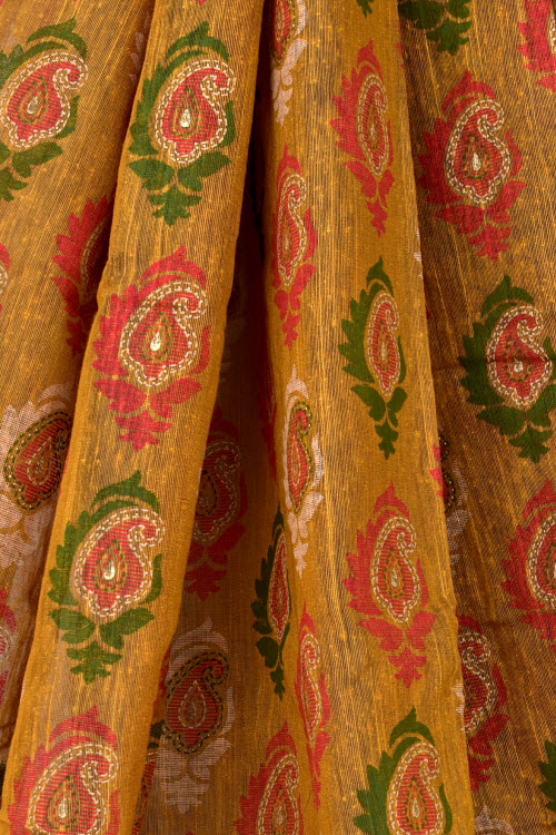 Golden Printed Cotton Taspa Saree with Blouse