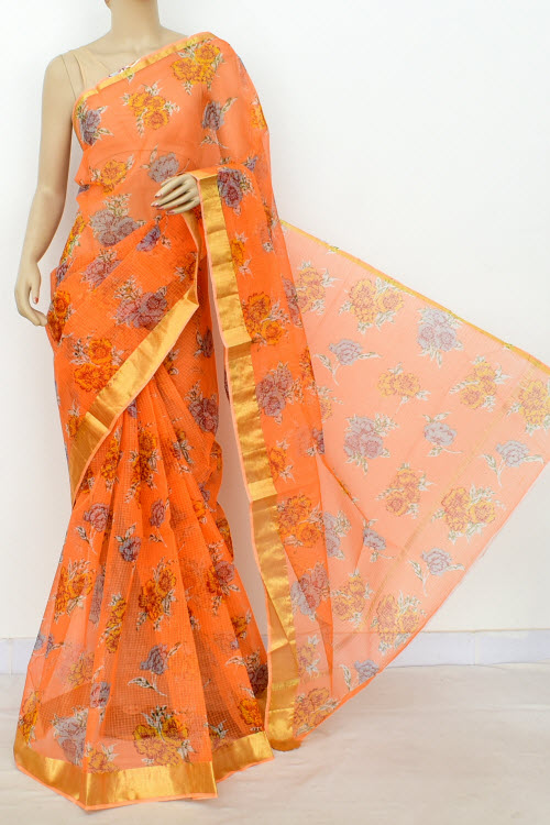 Orange Handloom Kota Doria Cotton Saree 13499