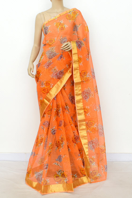 Orange Handloom Kota Doria Cotton Saree 13499