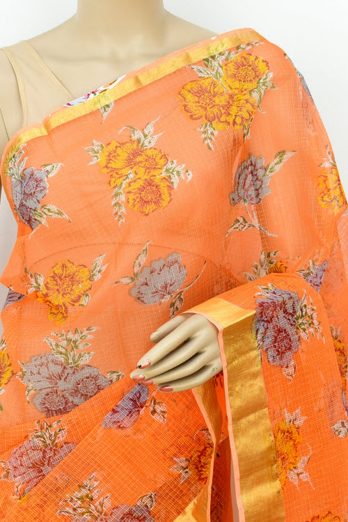 Orange Handloom Kota Doria Cotton Saree 13499