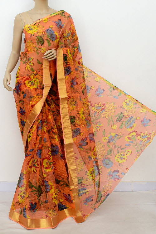 Orange Handloom Kota Doria Cotton Saree 13503