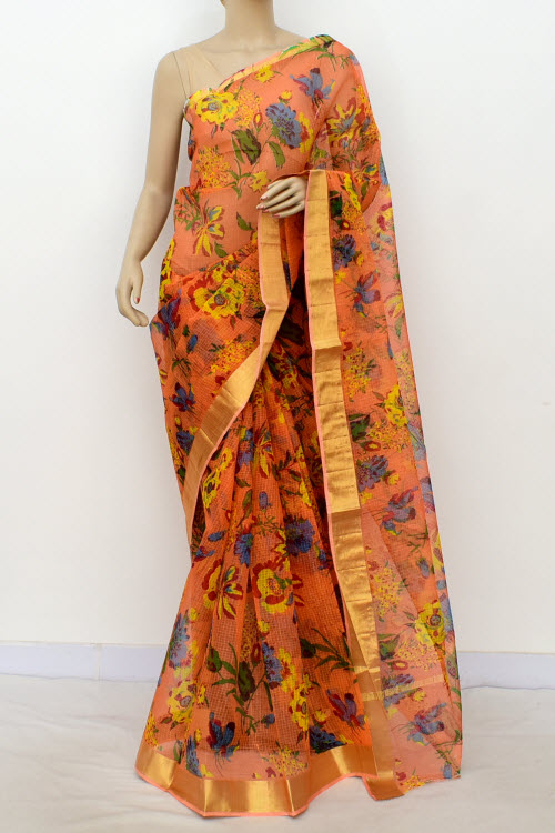 Orange Handloom Kota Doria Cotton Saree 13503