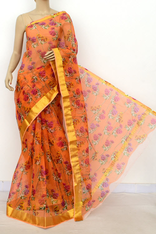 Orange Handloom Kota Doria Cotton Saree 13523