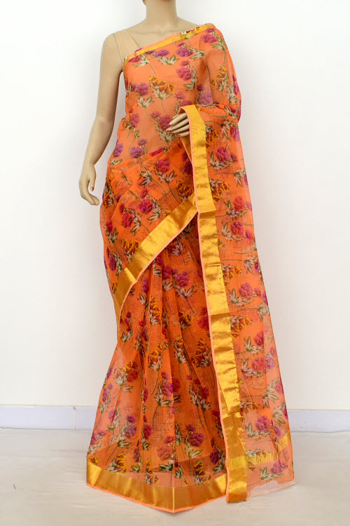 Orange Handloom Kota Doria Cotton Saree 13523