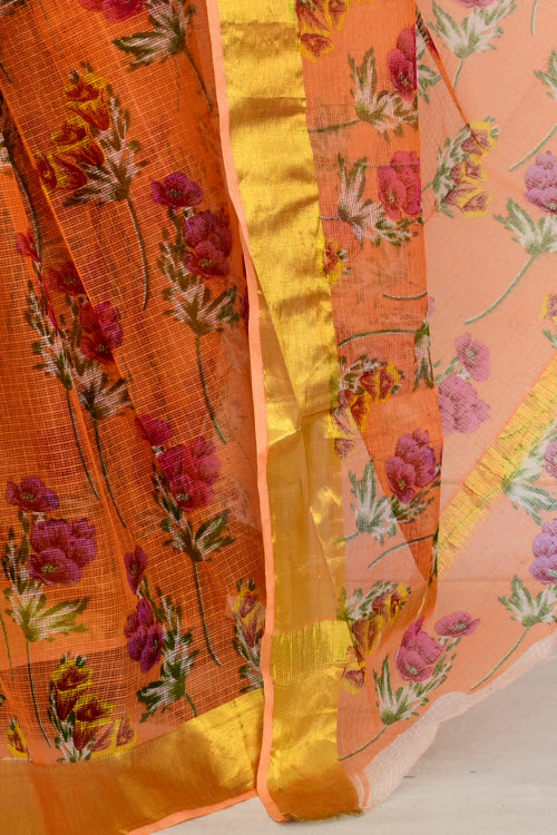 Orange Handloom Kota Doria Cotton Saree 13523