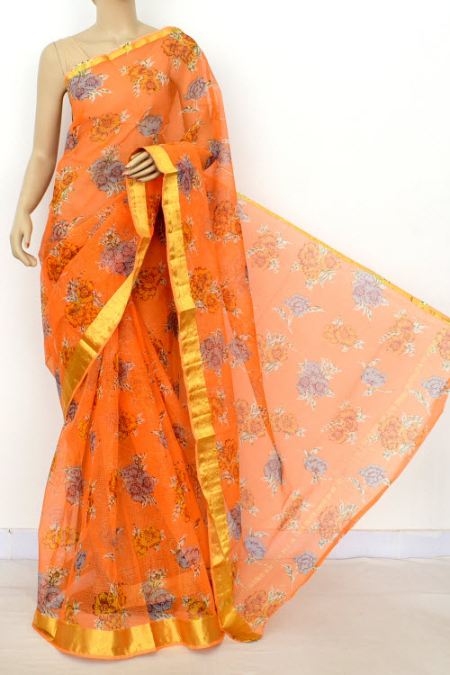 Orange Handloom Kota Doria Cotton Saree 13525