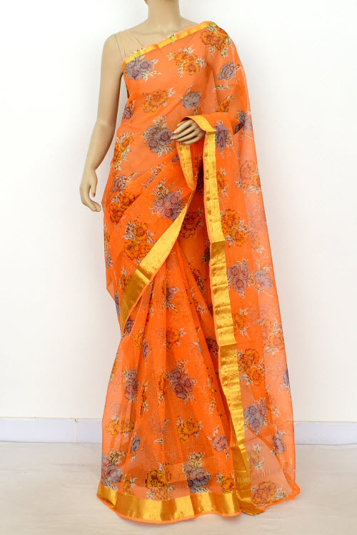 Orange Handloom Kota Doria Cotton Saree 13525