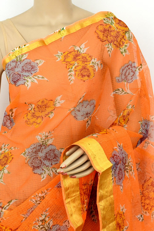 Orange Handloom Kota Doria Cotton Saree 13525