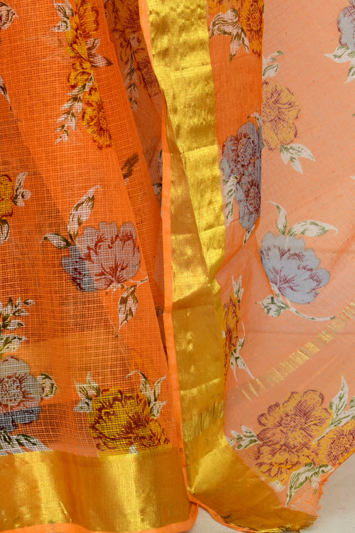 Orange Handloom Kota Doria Cotton Saree 13525