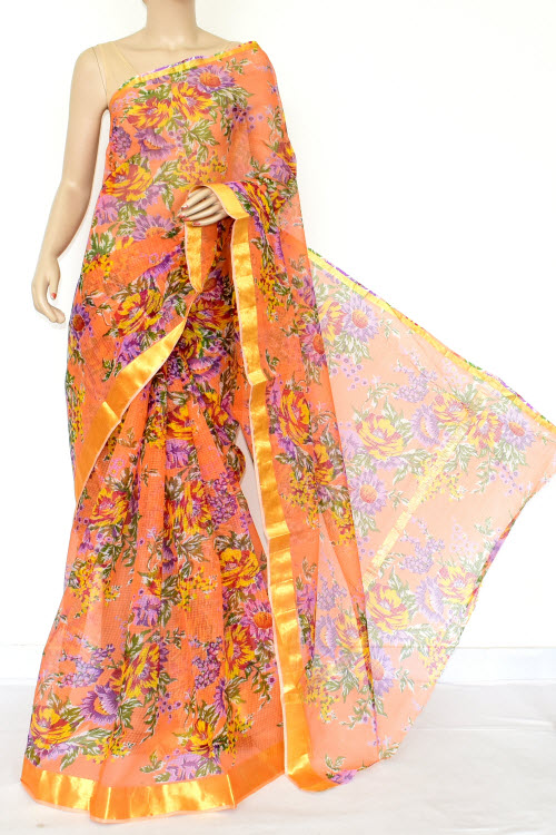 Peach Handloom Kota Doria Cotton Saree 13530
