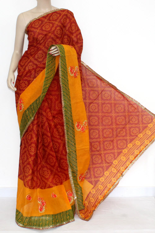 Red-Yellow Embroidered Kota Doria Cotton Saree 13585