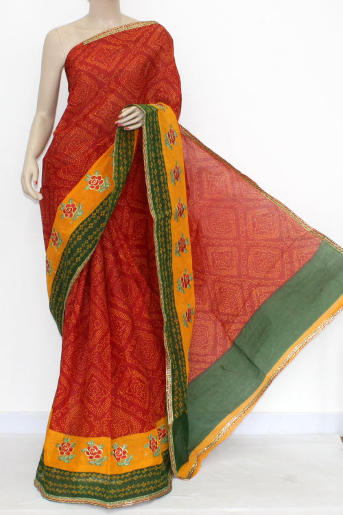 Red-Yellow Embroidered Kota Doria Cotton Saree 13586
