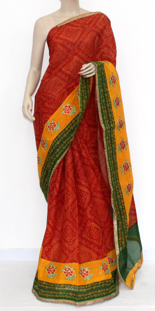 Red-Yellow Embroidered Kota Doria Cotton Saree 13586