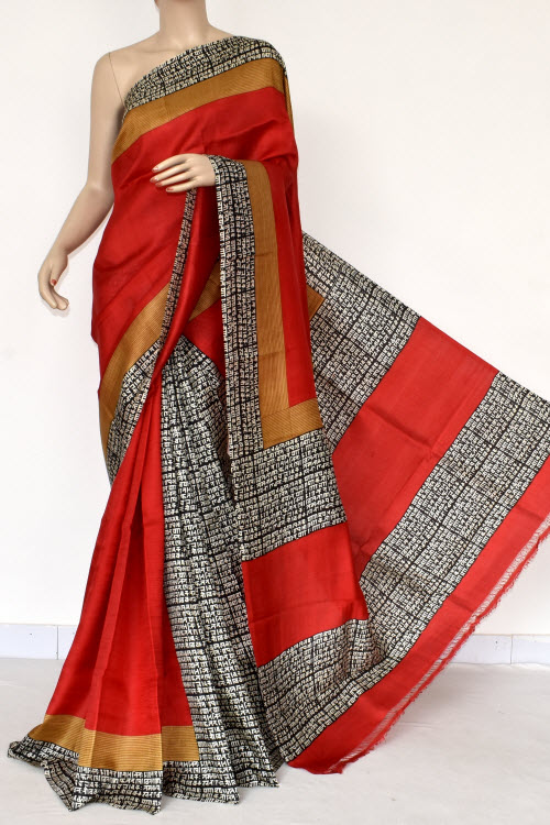 Red-Orange Handloom Pure Silk Printed Saree
