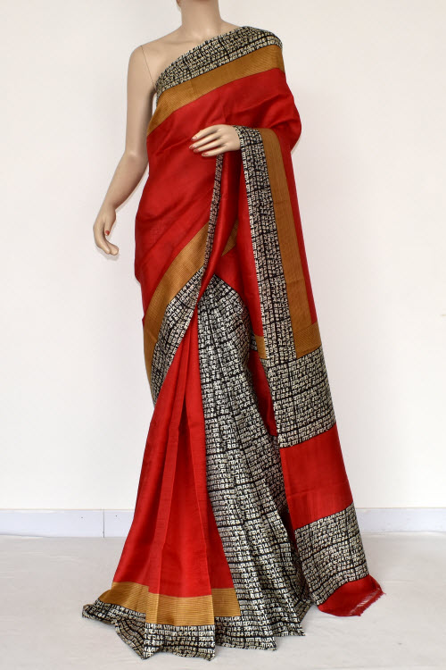 Red-Orange Handloom Pure Silk Printed Saree