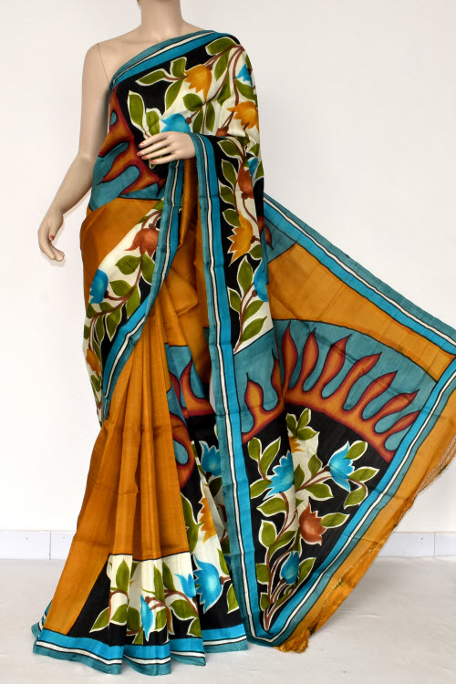 Mustard-Pherozi Handloom Pure Silk Printed Saree