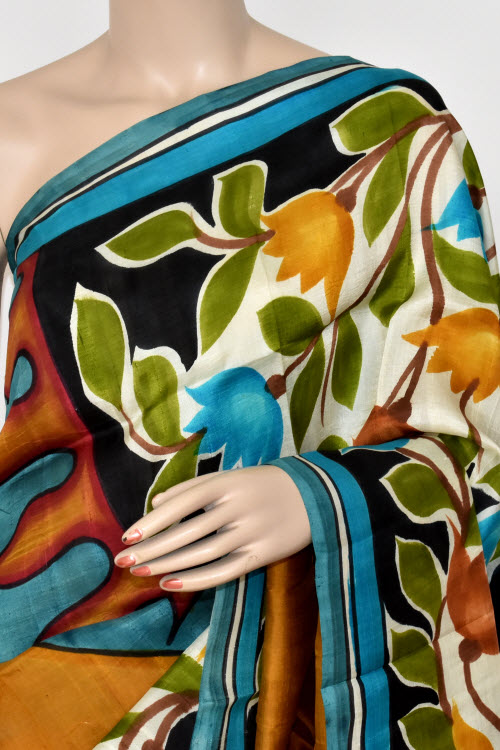 Mustard-Pherozi Handloom Pure Silk Printed Saree