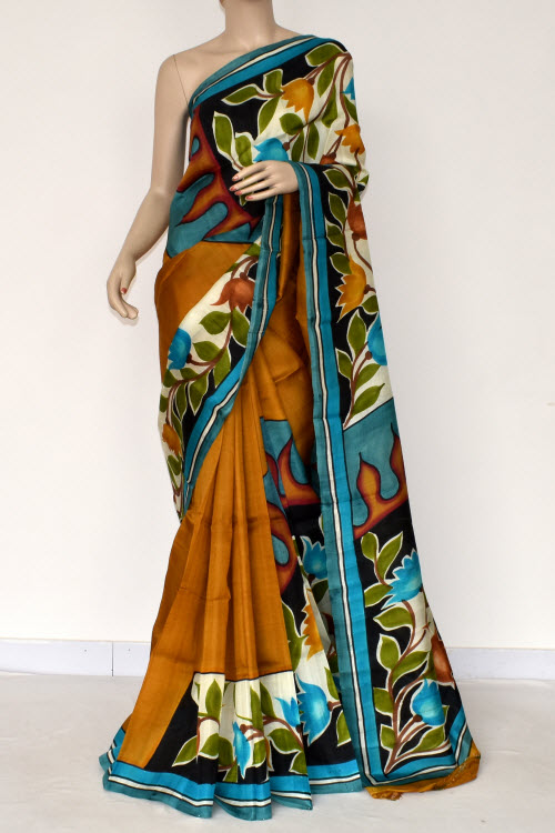 Mustard-Pherozi Handloom Pure Silk Printed Saree