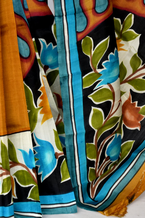 Mustard-Pherozi Handloom Pure Silk Printed Saree