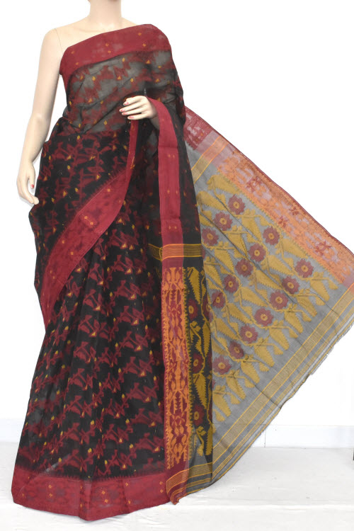 Black Handloom Jamdani Tant Cotton Saree 13973