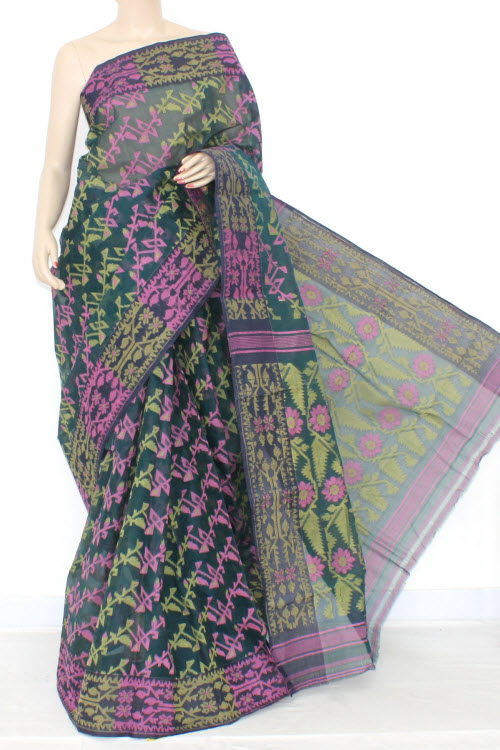 Bottle Green Handloom Jamdani Tant Cotton Saree 13979