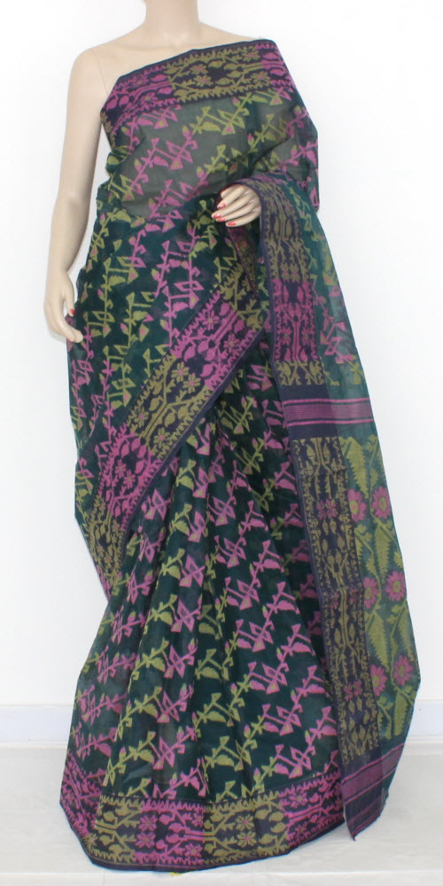Bottle Green Handloom Jamdani Tant Cotton Saree 13979
