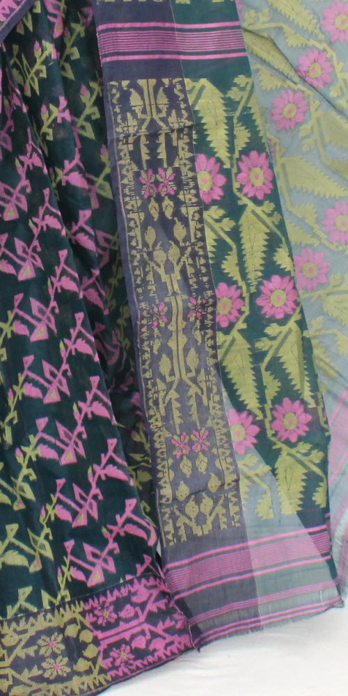 Bottle Green Handloom Jamdani Tant Cotton Saree 13979