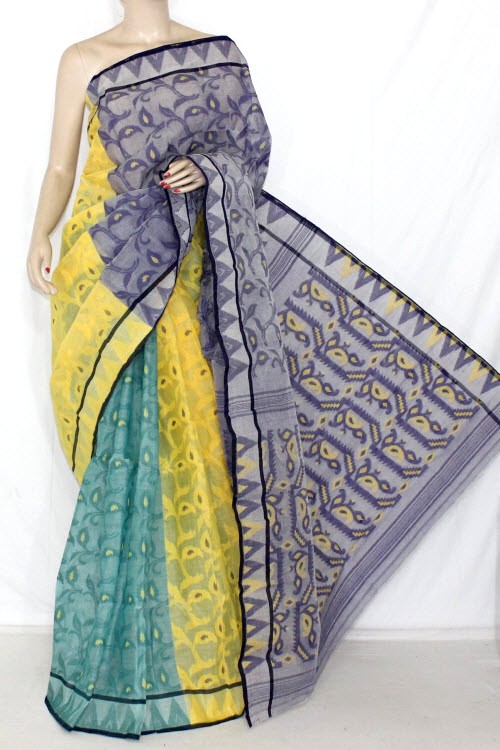 Yellow Green Handloom Jamdani Tant Cotton Saree 13999