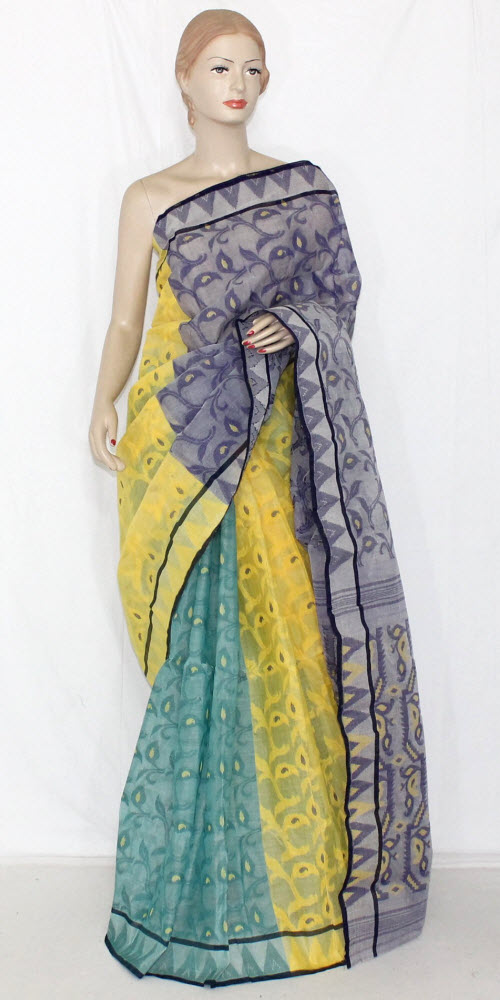 Yellow Green Handloom Jamdani Tant Cotton Saree 13999