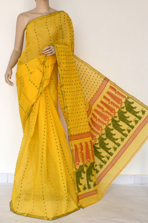 Golden Yellow Handloom Thousand Booti Tant Cotton Saree
