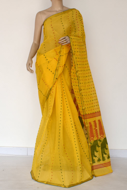 Golden Yellow Handloom Thousand Booti Tant Cotton Saree