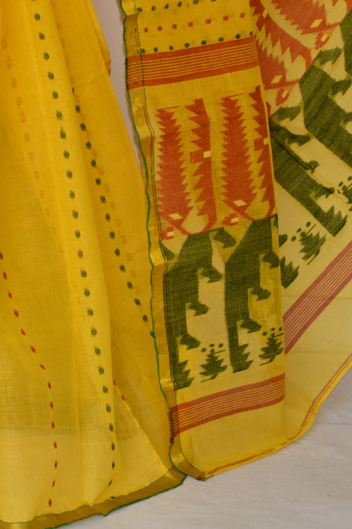 Golden Yellow Handloom Thousand Booti Tant Cotton Saree