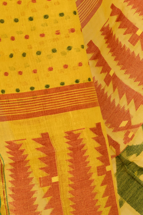 Golden Yellow Handloom Thousand Booti Tant Cotton Saree