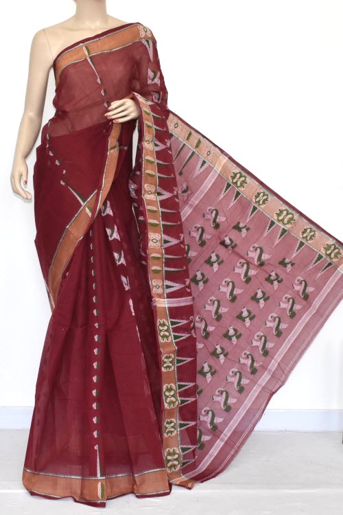 Maroon Handloom Tant Cotton Saree